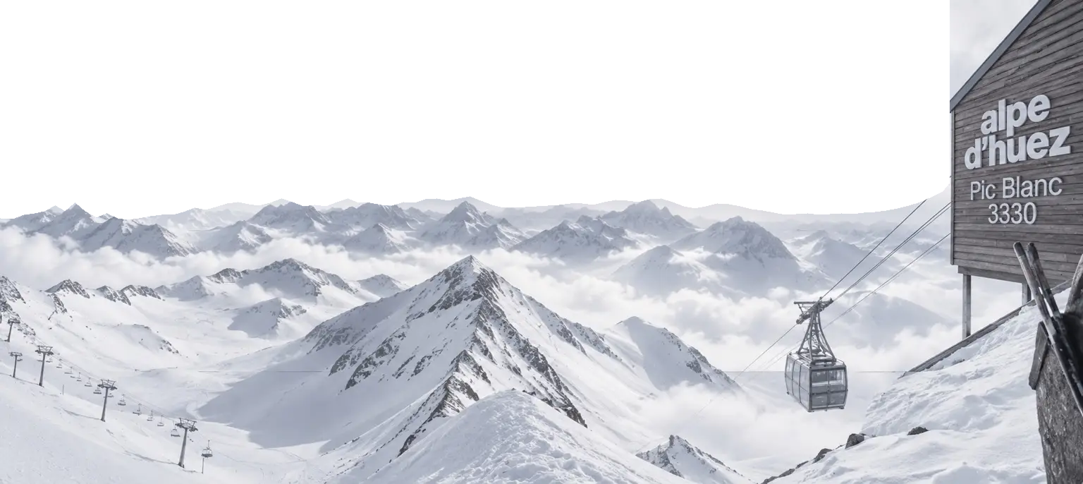Téléphérique du Pic Blanc et panorama des montagnes enneigées à l’Alpe d’Huez.
